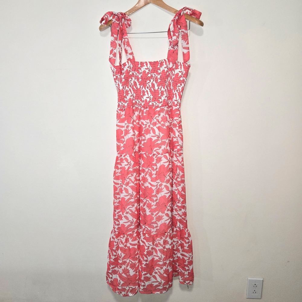 Sam Edelman Midi Dress Womens 8 Coral Floral Smocked Tie Shoulder Tiered Hem